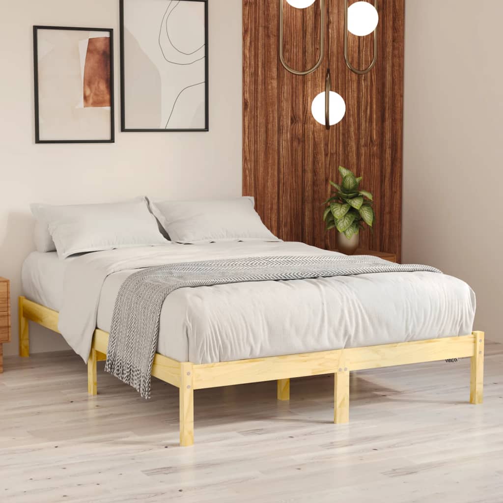 Cadre de lit en pin massif clair 160x200 sommier en bois clair style rustique lattes sans matelas