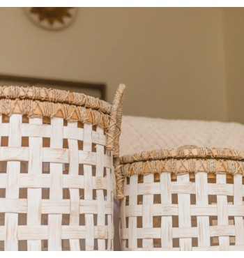 Panier à linge en bois bambou blanc avec couvercle tressé jonc de mer grand modèle poignées léger Soeji