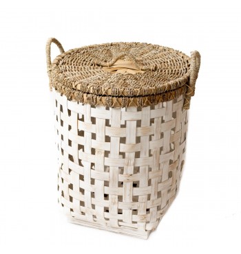 Panier à linge en bois bambou blanc avec couvercle tressé jonc de mer grand modèle poignées léger Soeji