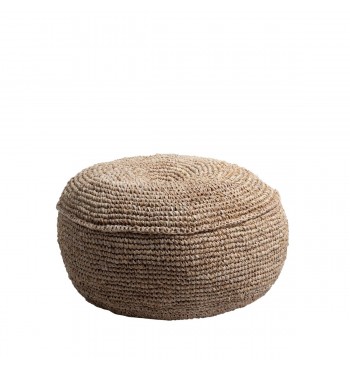 Pouf rond en raphia tressé rempli coton et fibres noix coco bouton marque Soeji