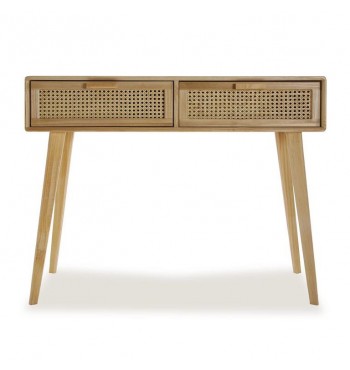 table Console 2 tiroirs bois de paulownia massif et cannage rotin poignées style scandinave