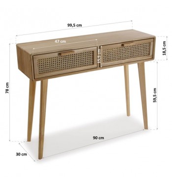 dimensions table Console 2 tiroirs bois de paulownia massif et cannage rotin poignées style scandinave