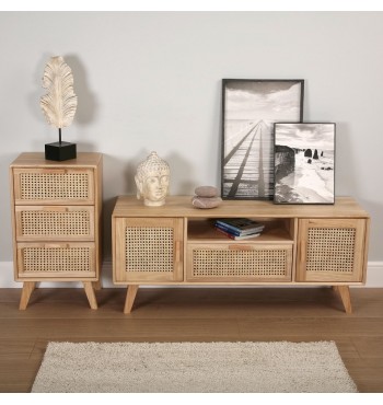 Commode 3 tiroirs en bois paulownia massif et cannage rotin emil look scandinave meuble tv