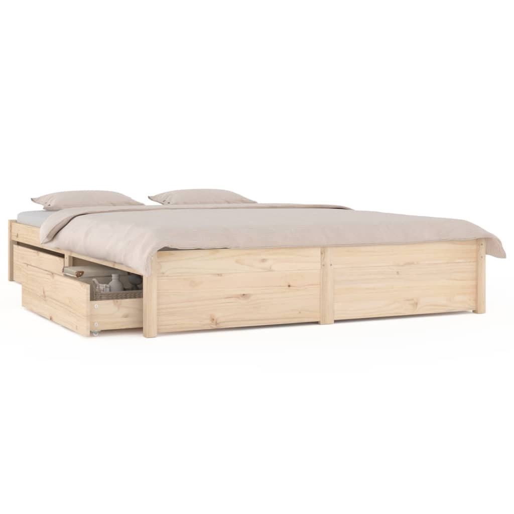 Cadre de lit en bois de pin massif avec 2 tiroirs matelas 140x190 style moderne rangement