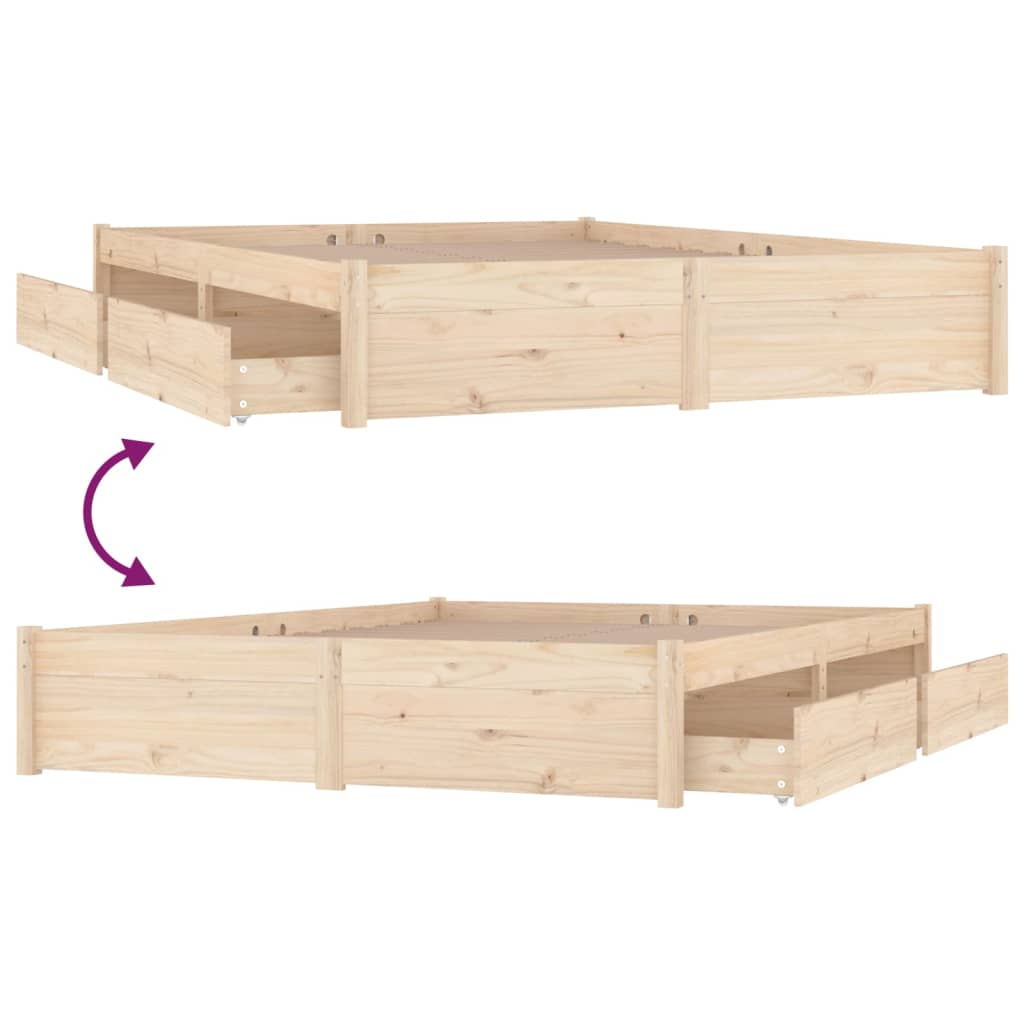 Cadre de lit en bois de pin massif avec 2 tiroirs chaque côté matelas 160x200