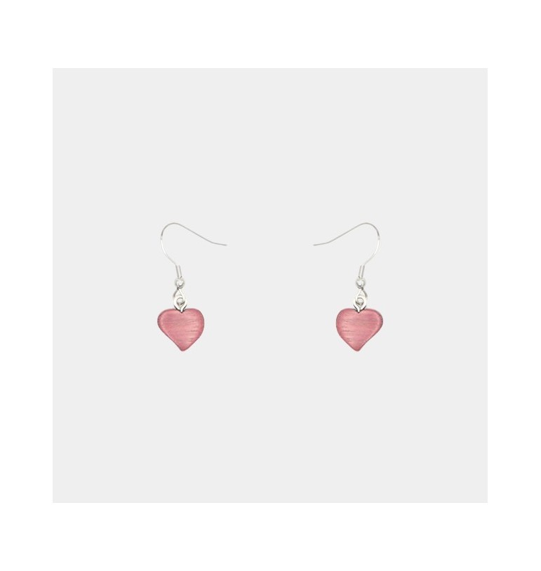 Boucles d'oreilles perçées en bois d'amarante massif poli forme coeur couleur rose essenciel