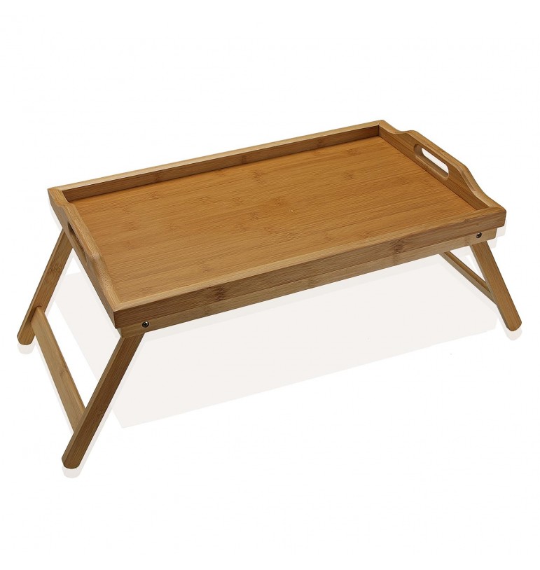 Dioche Plateau de lit en bois de bambou avec poignées et pieds repliables,  bord relevé et plateau pour Colazion Table de petit déjeuner 63 x 27,3 x