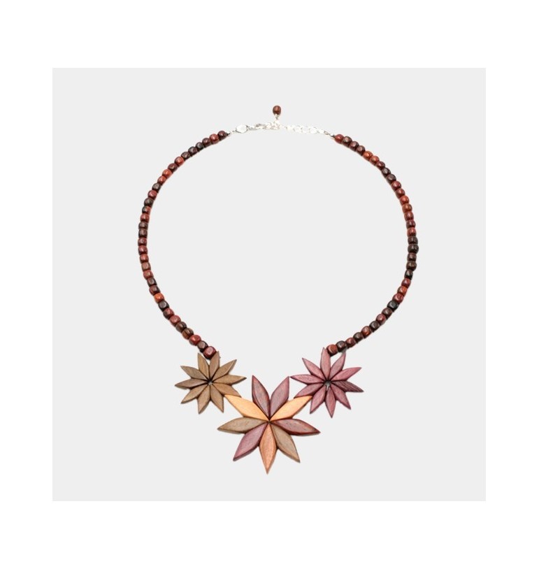 Collier 3 fleurs multicolores Flora et perles palissandre bois amarante murier néflier