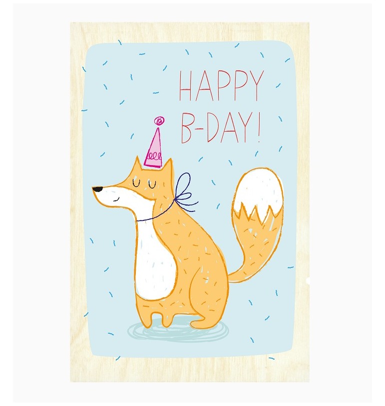 Carte anniversaire en bois à envoyer poste service envoi cadeau verso timbre happy b-day chien
