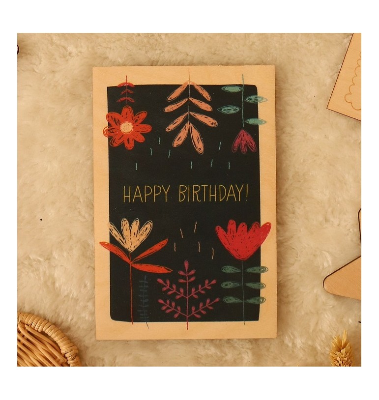 Carte d'anniversaire en bois Happy Birthday Flower Power