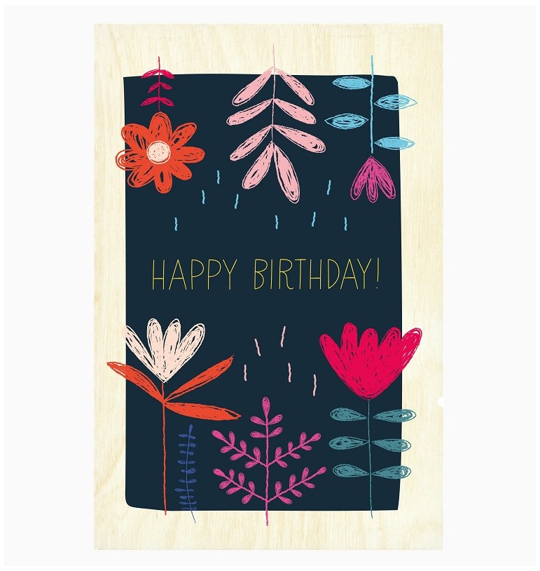 Carte d'anniversaire en bois Happy Birthday Flower Power