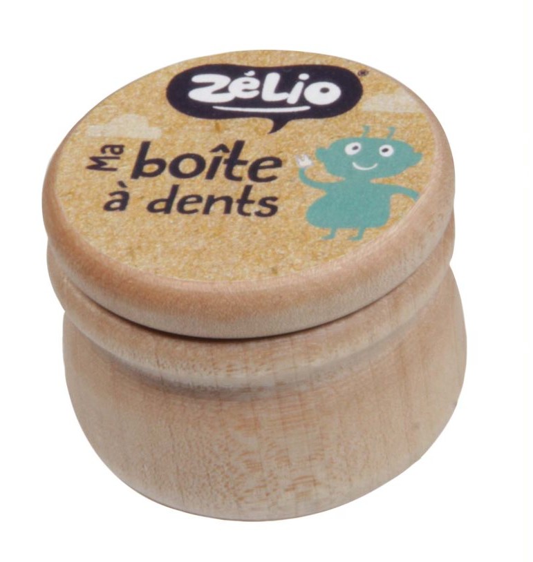 Boîte de dents de lait en bois avec étiquette de Français