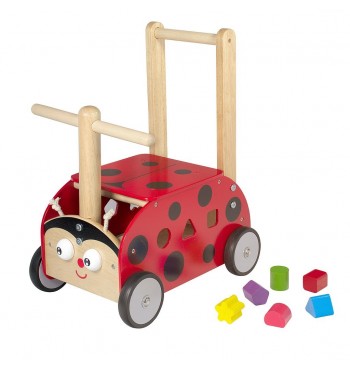 Chariot de marche Coccinelle & cubes en bois massif contreplaqué couleur puzzle debout assis roues