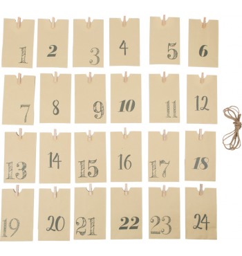 Calendrier de l'avent sachets numérotés  en papier et pinces à linge mini bois cadeaux