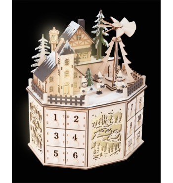 Calendrier de l'avent Maquette hivernale en bois éclairage LED 24 cases cadeaux de Noël