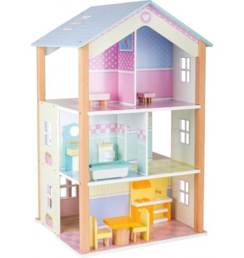 Maison de poupées tournante 3 étages en bois double deux faces meubles couleurs filles