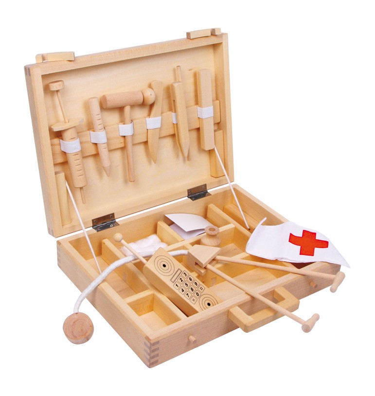 Mallette de docteur jeu enfants malade instruments bois massif contreplaqué piqure bobo telephone