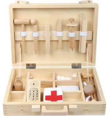 Mallette de docteur jeu enfants malade instruments bois massif contreplaqué piqure bobo telephone